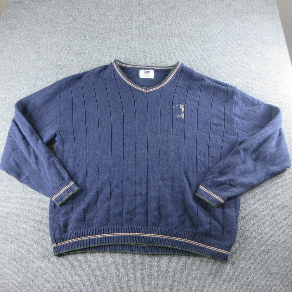 Lee Sport Sweater Mens XL Blue V Neck Golf Knit Pullover Embroidered Golfer